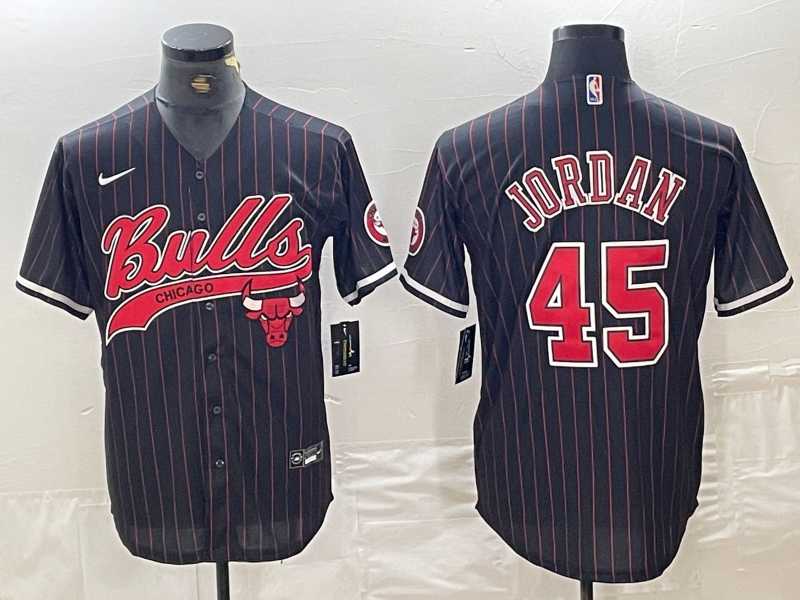 Mens Chicago Bulls #45 Michael Jordan Black Pinstripe Cool Base Stitched Baseball Jersey->->NBA Jersey